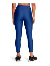 Calza de mujer Under Armour HeatGear® de tiro alto hasta el tobillo, color gris azulado, con cintura antideslizante y logo en la pierna.