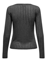 Top gris oscuro de tejido de punto acanalado con rayas verticales, cuello redondo y mangas largas.