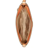 Cartera de hombro color beige con correa ajustable, múltiples compartimentos internos y logo triangular metálico en el frente.