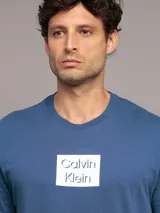 Remera azul de algodón con logo de Calvin Klein estampado en el pecho dentro de un cuadrado blanco.