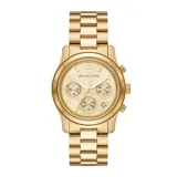 Reloj Michael Kors modelo Runway color dorado, con caja de acero inoxidable de 38mm, esfera dorada con tres sub-esferas, números romanos y agujas luminiscentes. Incluye cronógrafo, calendario y brazalete de eslabones con cierre desplegable.
