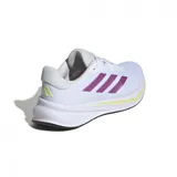 Zapatillas de running para mujer color blanco con detalles en lila y suela optimizada para mayor comodidad.