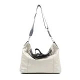 Bolso tote de cuero color taupe, con acceso superior con cierre y correa de hombro negra con letras blancas.