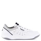 Championes deportivos de hombre en color blanco con detalles en gris y azul, diseño urbano y cierre de cordones.