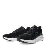 Championes de running Umbro negros con detalles en celeste y suela blanca.