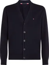 Sweater cardigan azul marino de algodón con cuello en V, cierre con botones y logo de Tommy Hilfiger bordado en el pecho.
