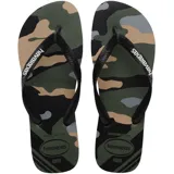 Ojotas Havaianas Top Camu con estampado de camuflaje en tonos verde, marrón, negro y gris. Tiras negras con logo Havaianas en blanco.