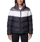 Campera puffer Columbia Puffect II con bloques de color gris, blanco y negro. Tiene aislamiento Thermarator™, tejido deperlante al agua, protector de mentón, bolsillos laterales con cremalleras y puños elásticos.