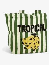 Bolso tipo tote bag de algodón con rayas verticales verdes y blancas. Presenta bordado con la palabra "Tropical" y un racimo de bananas. Tiene asas de hombro acolchadas en color verde.