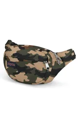 Riñonera JanSport Fifth Avenue negra con estampado de rayos blancos.