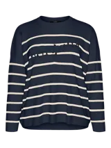 Sweater tejido azul marino con rayas horizontales color crema y bordado de la palabra "bonjour" en el frente.