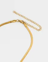 Set de dos collares cortos de acero quirúrgico, uno dorado de eslabones planos tipo espiga y otro plateado de eslabones finos.