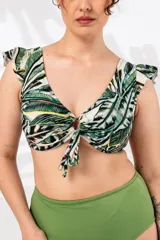 Top de bikini con volados en los hombros y nudo en el escote, confeccionado en tela con fibra LYCRA® XTRA LIFE™.