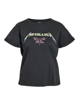 Camiseta gris oscuro con estampado del logo de la banda Metallica y una mariposa.