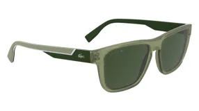 Lentes de sol Lacoste modelo 6058, color verde oliva, con marco cuadrado de acetato y lentes polarizadas verdes. Logo del cocodrilo en el lateral.