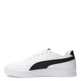 Championes Puma Court Classic Clean de cuero sintético negro con detalles en blanco, cordones negros y suela blanca con base negra.