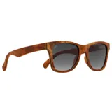 Lentes de sol con montura cuadrada color marrón con efecto madera y lentes grises.