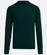 Suéter gris oscuro de viscosa con textura acanalada vertical, cuello redondo y mangas largas con puños ajustados.