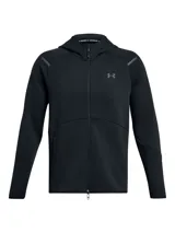 Buzo deportivo Under Armour para hombre, color negro, con capucha y cierre frontal completo.