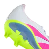 Championes de fútbol Adidas Predator League, unisex, color blanco con detalles en rosa, amarillo y celeste.