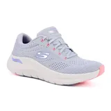 Championes deportivos Skechers Arch Fit 2.0 Big League, color gris claro con detalles en rosa. Capellada de malla técnica, cordones, plantilla Arch Fit removible con soporte de arco certificado por podólogos y entresuela acolchada.