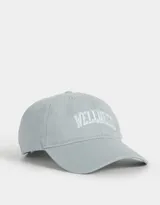 Gorra deportiva color crudo, de tela canvas con bordado frontal de la palabra "Wellness" en letras negras estilo universitario. Tiene visera curva y tira ajustable trasera con hebilla metálica.