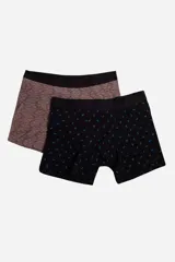 Pack de dos bóxers estampados, uno con diseño geométrico en tonos marrones y cintura elástica negra, y otro con estampado floral en tonos azules y cintura elástica gris.