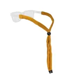 Sujeta lentes color mostaza, de algodón, con terminales ajustables para sujetar a las patillas de los lentes y cuenta corrediza para ajustar al cuello.