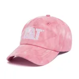 Gorro de béisbol rosa con efecto tie-dye y logo de CAT bordado en blanco en el frente.