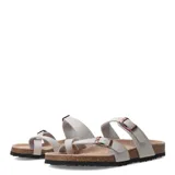 Sandalias Birkenstock de cuero sintético color blanco, con hebillas ajustables y plantilla anatómica.