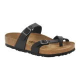 Sandalias Birkenstock modelo Mayari, color negro, con dos correas finas ajustables con hebilla metálica y plantilla anatómica de corcho.