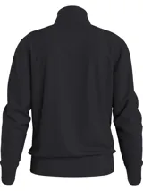 Buzo negro de felpa de algodón orgánico con cuello alto con cremallera, puños y bajo de canalé, bolsillo canguro y parche con logo en la manga.
