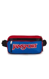Riñonera JanSport Washington Waistpack, color azul con detalles en rojo y negro. Logo de la marca estampado en el frente.