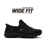 Championes deportivos Skechers Hands Free Slip-ins Glide-Step Pursuit, color negro. Capellada de malla con cordones elásticos, plantilla Skechers Air-Cooled Memory Foam y entresuela Glide-Step.