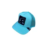 Gorro Goorin Bros tipo trucker celeste con parche frontal de orca y malla trasera.