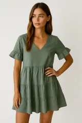 Vestido corto de viscosa color verde oliva, con escote en V, mangas cortas con volados y diseño de volados escalonados en el cuerpo.