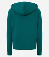 Campera deportiva verde esmeralda de modal, con capucha ajustable con cordón, cierre frontal con cremallera, bolsillos laterales y corte entallado.