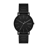 Reloj Skagen Signatur para hombre, con caja redonda de acero inoxidable color negro, esfera negra con agujas e indicadores plateados y correa de eslabones de acero inoxidable color negro.