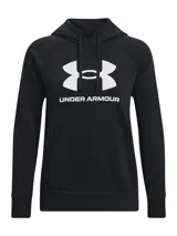 Buzo deportivo Under Armour Rival Fleece negro, con capucha, logo estampado en blanco y bolsillo tipo canguro.