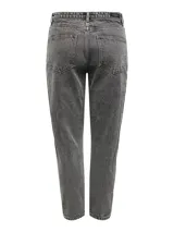 Pantalón de jeans gris oscuro con lavado ácido, corte mom, tiro alto y cinco bolsillos.