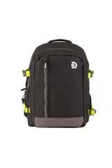 Mochila negra con detalles en gris oscuro y acentos en verde lima. Presenta un compartimento principal con cierre vertical en el frente y un logo blanco en forma de espiral en la parte superior derecha. Incluye correas de compresión laterales con hebillas en verde lima.