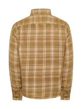 Camisa de manga larga RKF modelo Bradford, con patrón a cuadros en tonos marrón y beige. Cuenta con cuello camisero, cierre con botones, dos bolsillos en el pecho con tapeta y botón de madera, y corte modern fit.