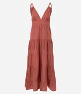 Vestido midi de corte evasé confeccionado en tejido laise de algodón. Presenta escote en V con busto fruncido, breteles finos torcidos con nudos y falda con recortes fruncidos y bordados calados.