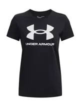 Remera negra de Under Armour con logo blanco estampado en el frente.
