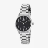 Reloj Marea modelo B4124202 para dama, con movimiento japonés de 3 agujas, caja de metal plateado de 32 mm de diámetro, esfera negra con números arábigos y brazalete de acero plateado. Resistente al agua hasta 5 ATM.