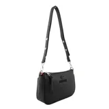 Bandolera negra de cuero sintético con correa ajustable y logo de la marca en el frente.