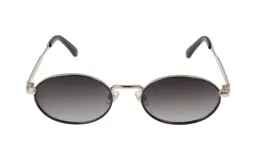 Lentes de sol unisex con montura ovalada plateada y lentes grises degradé.