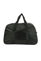 Bolso de poliéster color negro con bolsillo frontal de red. Tiene correa regulable y asas de mano.