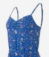 Pijama enterito azul con estampado de Stitch, breteles finos ajustables y escote fruncido.