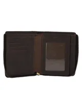 Billetera marrón de cuero con cierre perimetral y logo de pato grabado en la esquina inferior.